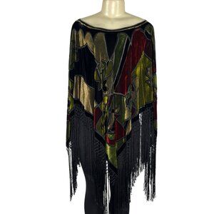 Velvet Poncho With Fringe Hem & Bold Abstract Multicolor Design One Size